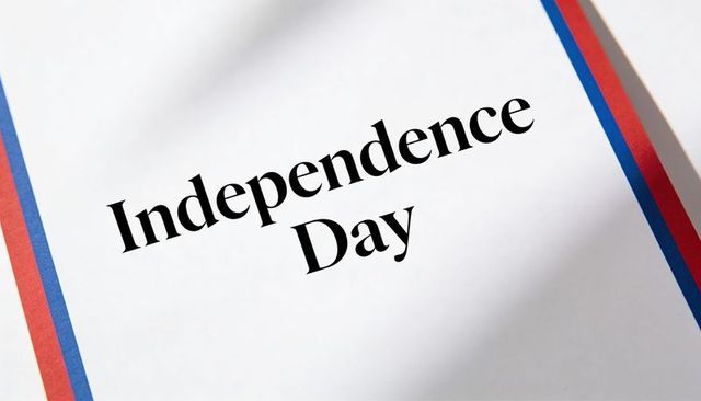 Minimalist independence day card with elegant serif typography, red blue stripes, flatlay