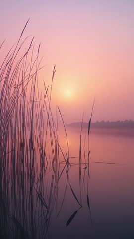 Sun rising over misty lake with reeds swaying and reflections in vertical dawn video