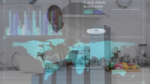 Smiling Man Engaged in Global Data Processing with Futuristic Interface