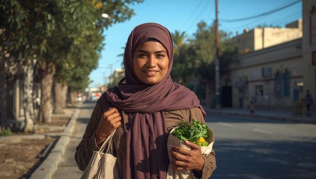 Young woman in mauve hijab carrying grocery tote with fresh greens on sunlit street