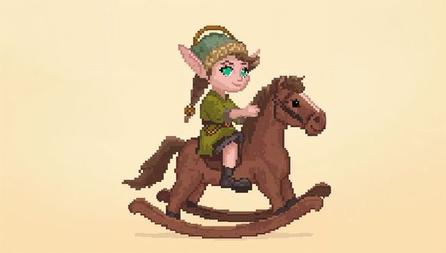 Whimsical pixel art elf child riding wooden rocking horse retro game sprite