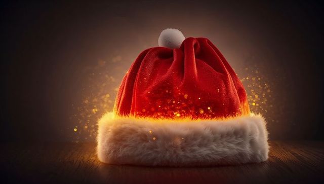 Glowing Santa Hat with Golden Sparkles on Dark Wooden Surface for Festive Holiday Design