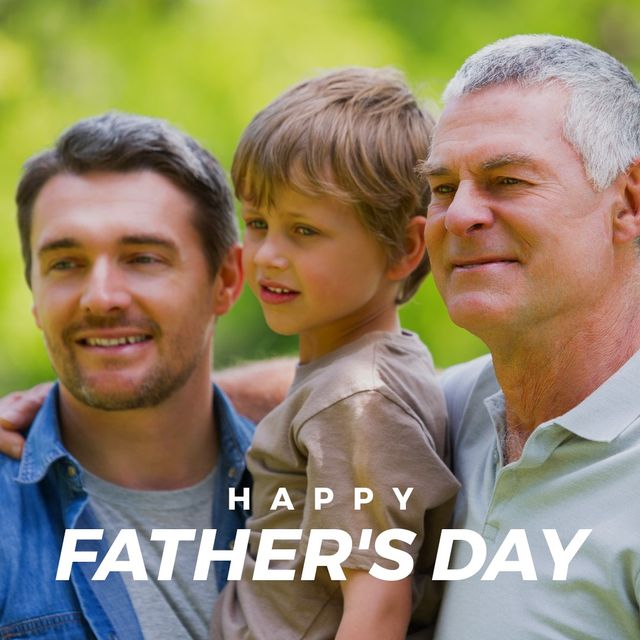 Digital composite image of happy father's day text by three generation caucasian males together. family, togetherness, lifestyle and celebration concept.