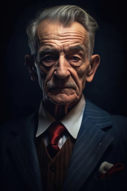 Portrait of an elderly man with a serious expression, dressed in a suit with a tie, captured with deep shadows creating a dramatic and vintage look. This image can be used in articles about aging, wisdom, senior portraits, fashion for older men, or dramatic storytelling. Ideal for use in editorial content, websites about history or documentaries, and creative projects looking to depict maturity and intelligence.