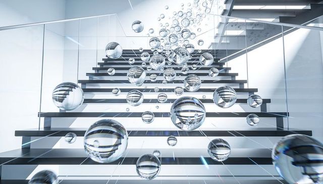 Floating crystal spheres ascending minimalist glass stairway with reflective monochrome architecture