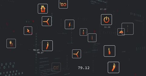 Digital Energy Interface with Floating Tech Icons and Data Metrics