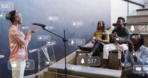 Young woman presenting to small audience on tiered steps with floating social media engagement icons