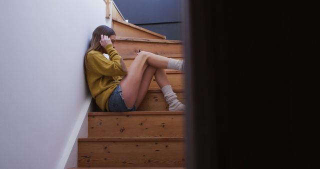 Young woman sitting on wooden staircase with legs crossed, dressed casually in yellow sweater, denim shorts, and socks. Suitable for depicting home life, introspection, human emotions, mental health themes, and solitude. Can be used for articles, blogs, or campaigns related to youth, emotional wellbeing, reflective moments, and home settings.