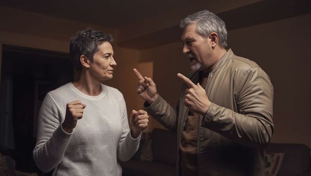 Senior couple argues intensely in cozy living room