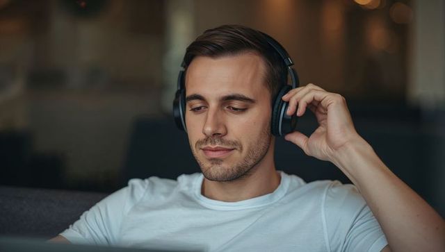 Young man adjusting over-ear headphones while using laptop on sofa in modern cozy lounge