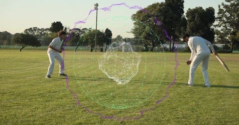 Two cricketers facing off holding bat with holographic data sphere over green field