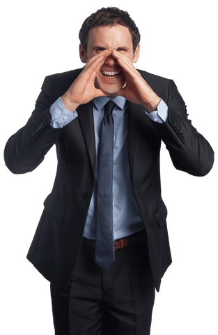 Energetic Businessman Calling Out on Transparent Background