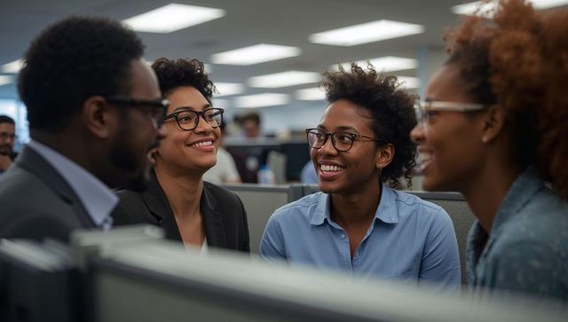 Black professionals collaborating and smiling in open-plan office cubicles
