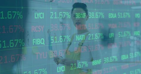 Male artist painting in studio with stock market ticker overlay, mixed-media finance concept