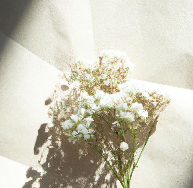 This image features white flowers bathed in natural light against a textured background with soft shadows. Perfect for use in designs focusing on tranquility, nature, simplicity, and minimalism. Suitable for botanical themed posters, calming floral art, and decoration ideas for homes or offices seeking a peaceful ambiance.