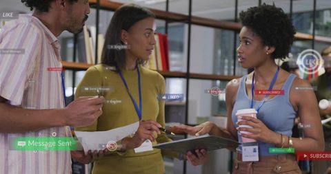 Young professionals collaborating with AR overlays in modern open-plan office