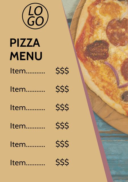 This vibrant template with a photo of a pizza slice is ideal for creating menus for pizza restaurants and food promotions. It features a clean layout with placeholders for item names and prices alongside a noticeable pizza crust edging. This design can effectively capture the attention of patrons with its professional and appealing style. Use it to display your varied pizza offerings, special deals, or daily specials, perfect for cafes, restaurants, pizzerias, or takeout places.