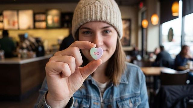 Young woman holding pastel heart candy reading no in cozy coffeehouse portrait