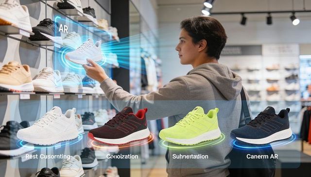 Man interacting with ar sneaker display while shopping in modern footwear store