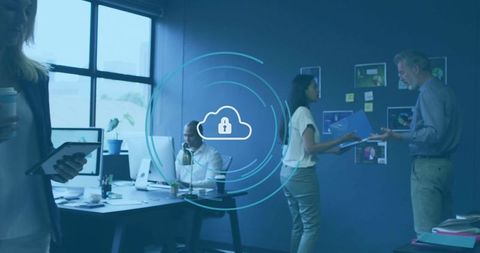 Business team collaborating in modern office with cloud security concept overlay