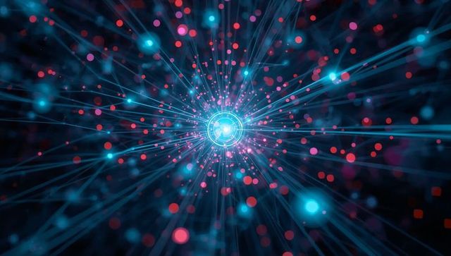 Glowing orb emitting neon radial beams, cyan nodes and pink bokeh for quantum network
