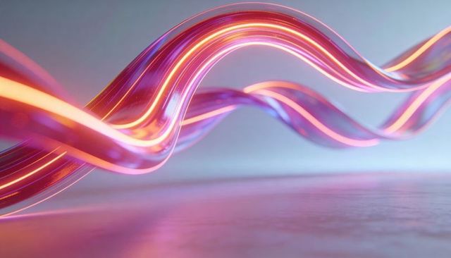 Neon ribbon waves twisting over glossy floor, luminescent curves and futuristic light trails