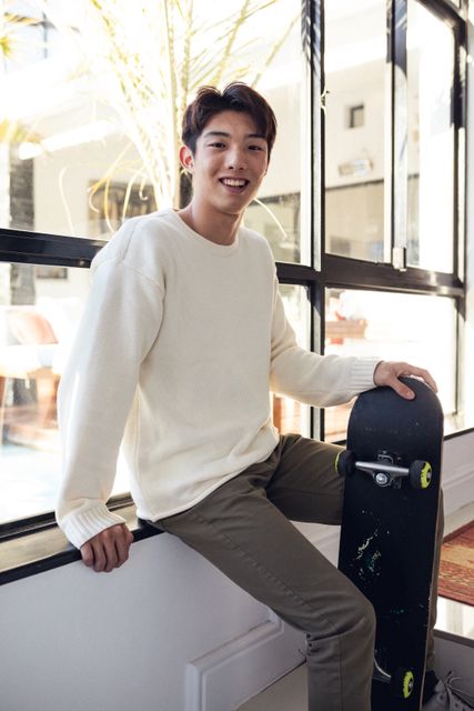 Portrait of smiling asian teenage boy with skateboard sitting against window at home, copy space. Unaltered, sport, lifestyle, leisure activity, enjoyment.