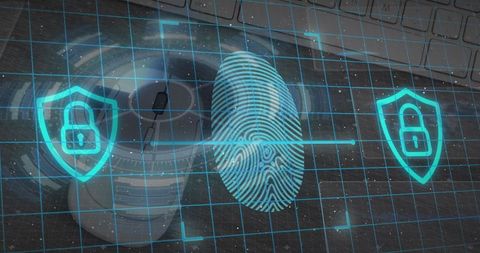 Digital fingerprint with cybersecurity interfaces and icons
