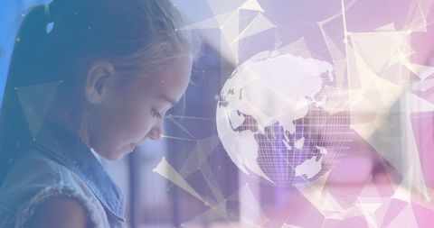 Caucasian Girl Interacting with Global Digital Network