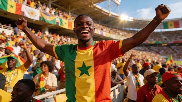 Joyful senegal fan celebrating with arms raised amid colorful stadium crowd and flags