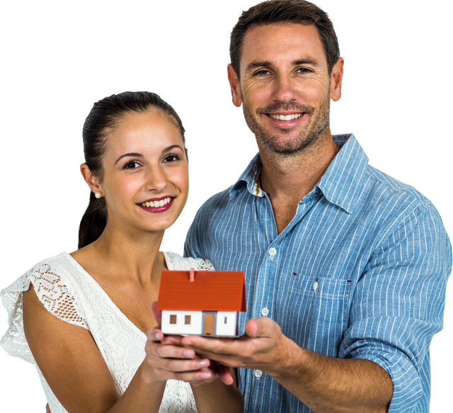 Smiling couple presenting small house model on transparent background - Download Free Stock Videos Pikwizard.com