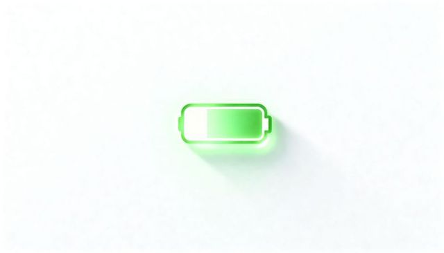 Glowing neon green partially charged battery icon casting long diagonal shadow on off-white backdrop