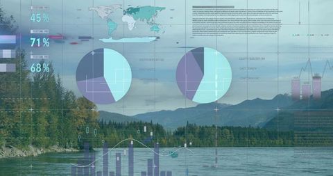 Data visualization overlaying peaceful waterway and mountain view