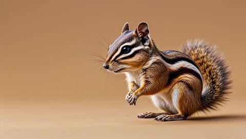 Chipmunk-like rodent with striped fur on beige background