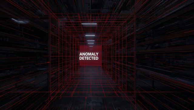 Red Wireframe Tunnel with Pulsing Anomaly Detected Alert in Tech Server Corridor