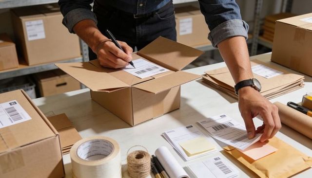 Warehouse Packer Labeling and Sealing Cardboard Box at Packing Station for E-commerce Fulfillment