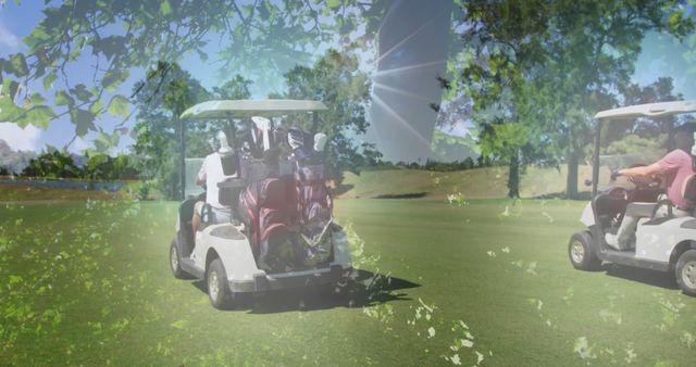 Golfers driving carts on a lush green course on a sunny day, surrounded by trees and nature. Perfect for illustrating outdoor sports, leisure activities, and summer recreation. Ideal for blog posts, advertisements, and promotions related to golf, outdoor sports, and lifestyle.