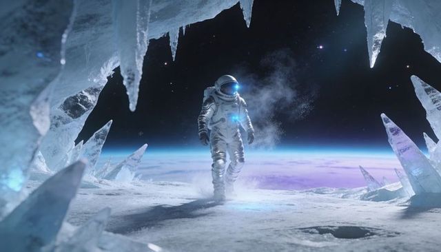 Walking astronaut exiting frost-lined cave onto frozen alien horizon with glowing visor
