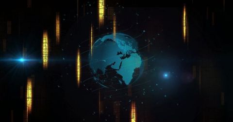 Futuristic earth hologram with data visualization in dark matrix