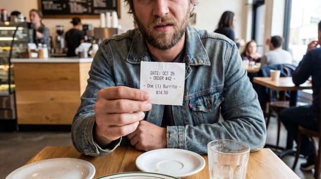 Bearded man holding receipt at cozy rustic café table in denim jacket showing order ticket