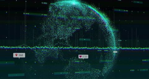 Holographic data globe visualizing real-time analytics, waveform and network activity