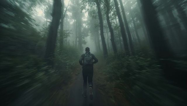 Runner Navigating Foggy Forest Path Solitarily