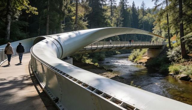 Curved Tubular Steel Pedestrian Bridge Spanning Forest River with Walkers