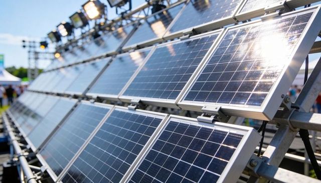 Tilted Photovoltaic Panel Array on Metal Mounting Rack at Outdoor Solar Energy Demo
