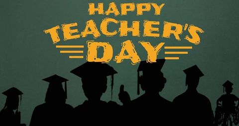 Happy teacher's day message with student silhouettes and academic caps