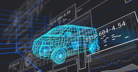 Holographic Wireframe SUV Hovering in Virtual Simulator Displaying Futuristic HUD Readouts