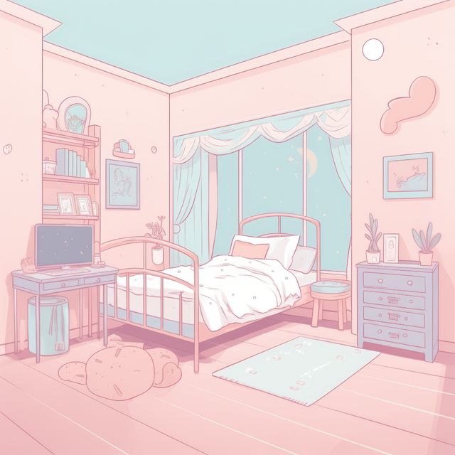General view of bedroom in pastel colours, created using generative ai technology. Interior design and home decor concept digitally generated image.
