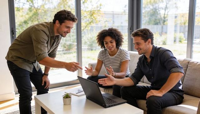 Three colleagues collaborating around laptop in bright office lounge, brainstorming ideas