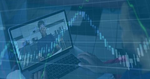 Remote presenter on laptop with candlestick overlays for trading and online meetings