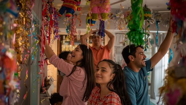 Family decorating home with colorful pinata streamers, smiling teens celebrating together